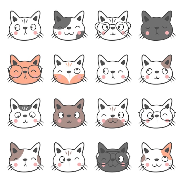 Conjunto de gatos bonitos desenhados à mão. coleção de rostos de animais. emoticons de cabeças de gato. gatos engraçados