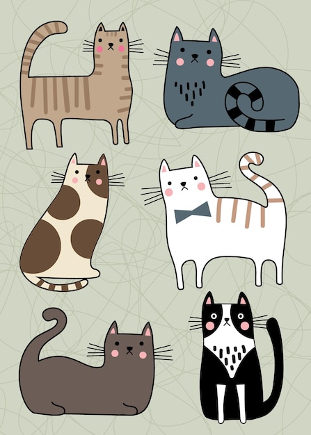 Conjunto de gatos com personagens fofinhos, coleção de animais de estimação