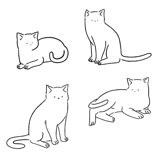 Vetor conjunto de gatos de linha mínima, gatos bonitos doodle, ilustração de estilo mão desenhada.