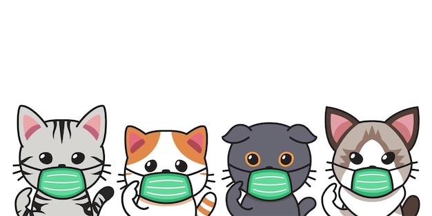 Conjunto de gatos de personagens de desenhos animados de vetor usando máscaras protetoras para o projeto.