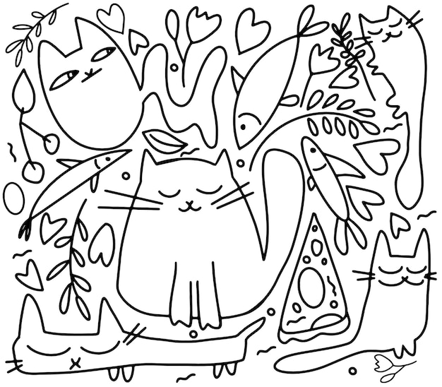 Conjunto de gatos e elementos doodle