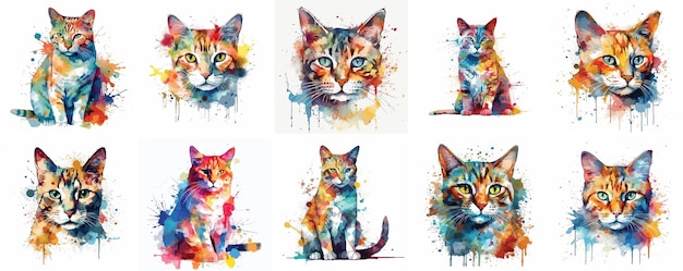 Conjunto de gatos em aquarela enfrenta retratos coloridos de gatos isolados em fundo branco