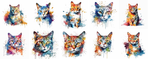 Conjunto de gatos em aquarela enfrenta retratos coloridos de gatos isolados em fundo branco