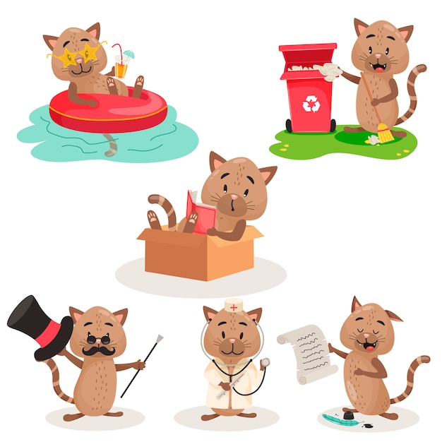 Vetor conjunto de gatos fazendo atividades diferentes. gatos bonitos definir ilustração de personagem