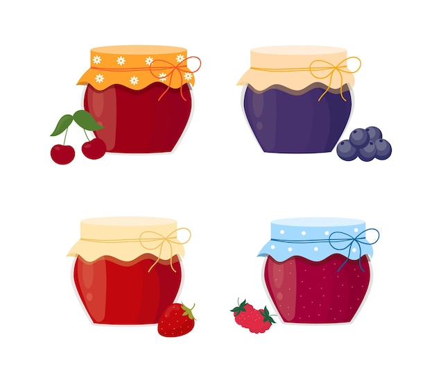 Conjunto de geleias de frutas em frascos de vidro geleia com sabor de morango cereja framboesa e mirtilos