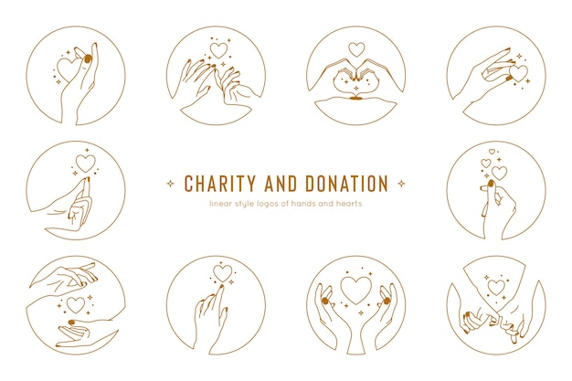 Conjunto de gestos com as mãos e mãos dadas do modelo de logotipo logotipos de caridade e doação em estilo linear