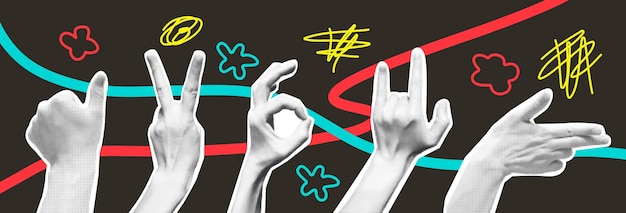 Conjunto de gestos de mão em estilo semitono Coleção de Mãos Doodle desenhado à mão Funky punk Graffiti