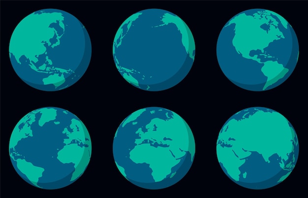 Vetor conjunto de globos do mapa do mundo terrestre em ilustração vetorial de forma de globo