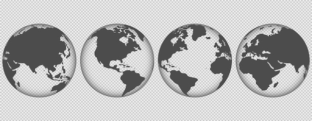 Conjunto de globos transparentes do mapa-múndi realista da terra em ilustração vetorial de forma de globo