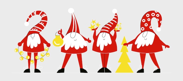 Conjunto de gnomos ou anões de natal com bonés vermelhos em estilo nórdico escandinavo simples. ilustração de desenho vetorial plana de coleção de noel e elfo para cartão de natal, saudação de temporadas, banner