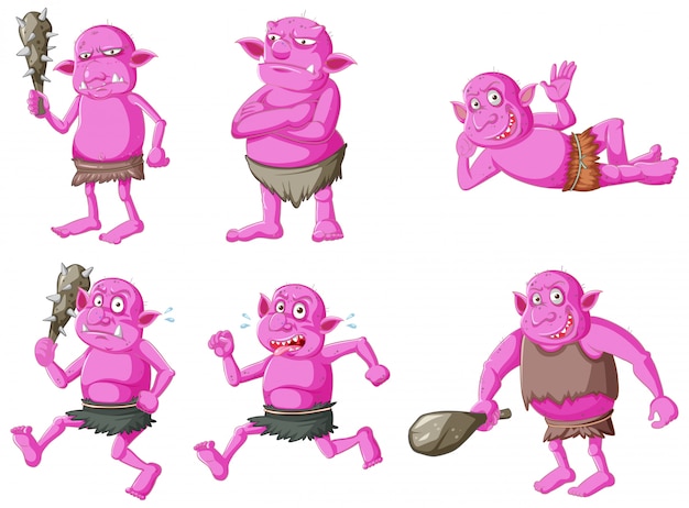 Conjunto de goblin rosa ou troll em poses diferentes em personagem de desenho animado isolado