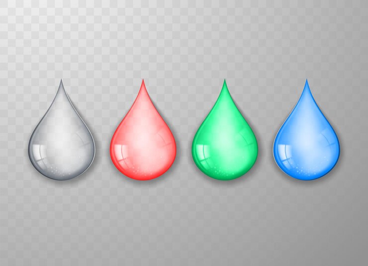 Vetor conjunto de gotas de água multicoloridas realistas isoladas em fundo transparente
