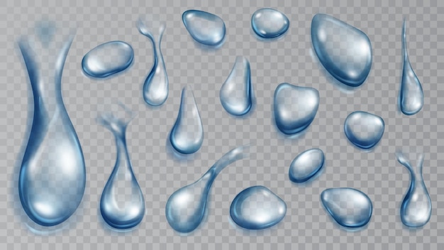 Conjunto de gotas de água translúcidas realistas em cores azuis em várias formas e tamanhos isolados em fundo transparente