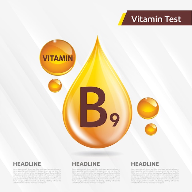 Conjunto de gotas douradas de ícone de vitamina B9, gota complexa. Ilustração em vetor de saúde de fundo médico