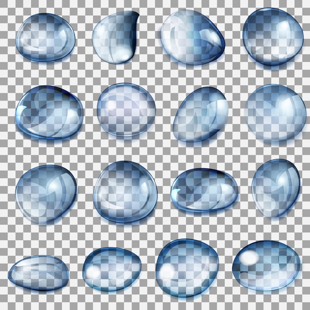 Conjunto de gotas transparentes de diferentes formas em tons de azul escuro