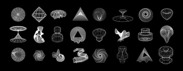 Conjunto de grades de elementos de forma 3d na moda digital, geometria de tecnologia, design cyberpunk, ilustração vetorial