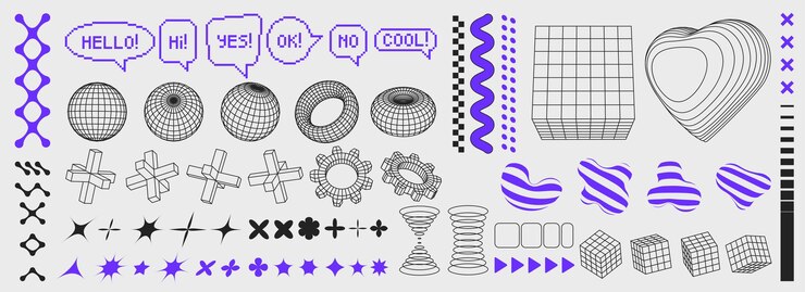Vetor conjunto de grades wireframes formas linhas divisores no estilo y2k gráfico vetorial de elementos retro