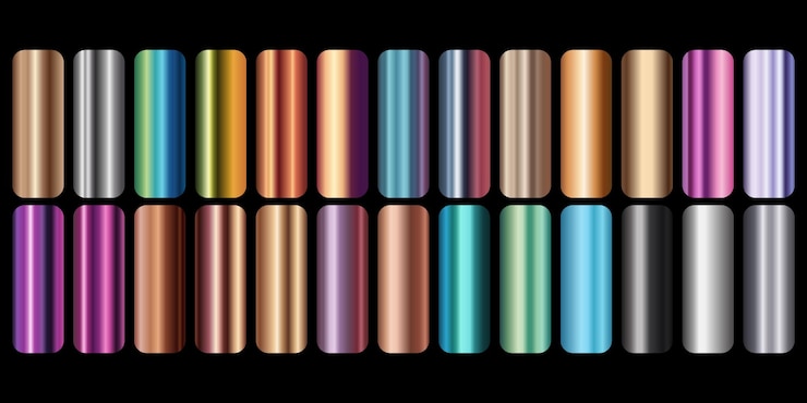 Vetor conjunto de gradientes brilhantes metálicos conjunto de gradientes metálicos de cores diferentes colecção de gradientes metalicos