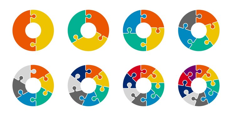 Conjunto de gráfico de pizza de infográfico de quebra-cabeça Coleção de ciclo 234567 e círculo de 8 seções