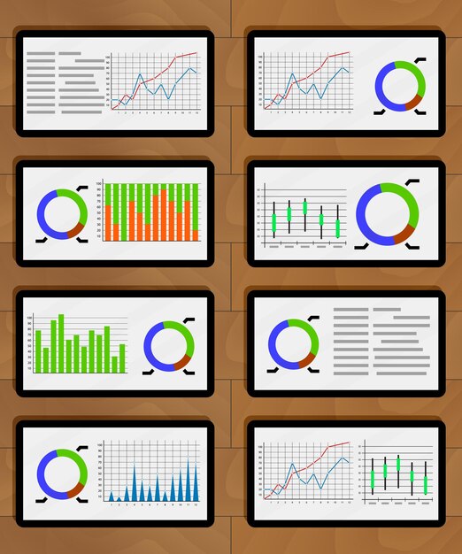 Vetor conjunto de gráfico e gráfico em tablets