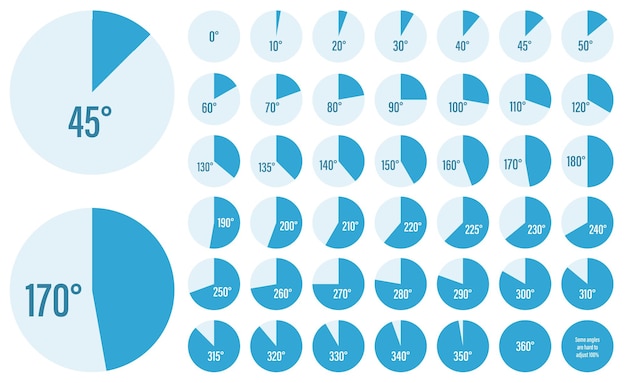 Conjunto de gráficos de medição de ângulo para uma coleção de infográficos de diagramas circulares em cor azul