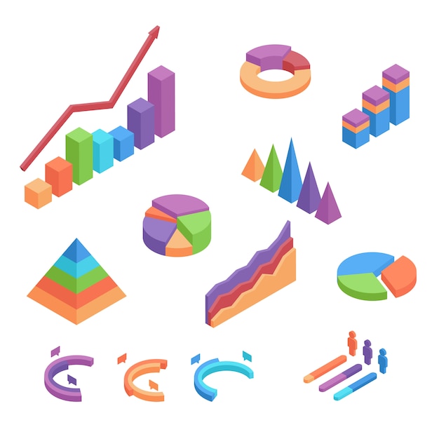 Conjunto de gráficos isométricos. Elementos 3d infográfico planos para design de relatório comercial, isolado no fundo branco.