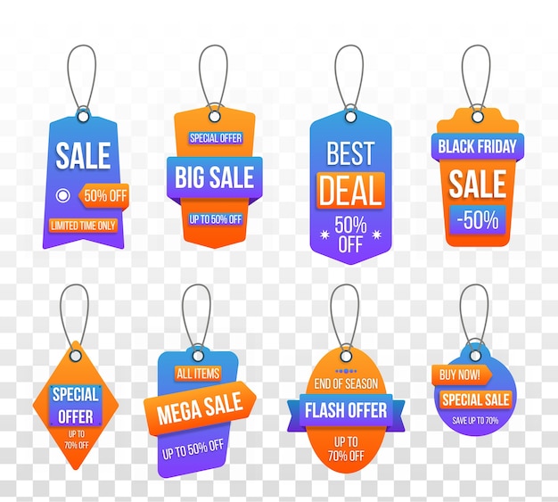 Conjunto de grande venda de tags, rótulos de compras de modelo em fundo branco. desconto, oferta especial, sexta-feira negra. etiquetas para design de banners e cartazes. grande oferta 50% de desconto no modelo de crachá.