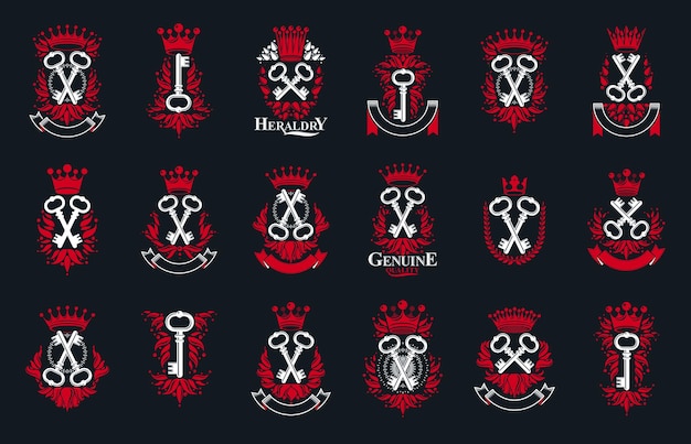 Conjunto de grandes logotipos de chaves, coleção de emblemas heráldicos vintage, elementos de design de heráldica de estilo clássico, designs antigos. segredo.