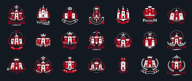 Vetor conjunto de grandes vetores de logotipos de castelos, coleção de emblemas de fortalezas heráldicas vintage, elementos de design de heráldica de estilo clássico, fortes antigos e cidadelas.