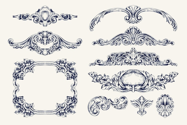 Conjunto de gravura de enfeites desenhados à mão