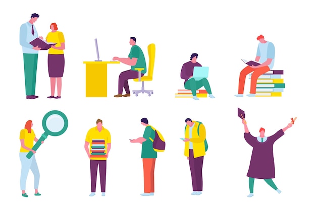 Conjunto de grupos de alunos. Ilustração em vetor plana dos desenhos animados.