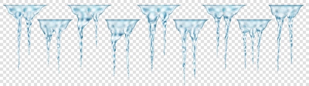 Conjunto de grupos de pingentes de gelo realistas de azul claro translúcido de diferentes comprimentos conectados na parte superior. para uso em fundo claro. transparência apenas em formato vetorial