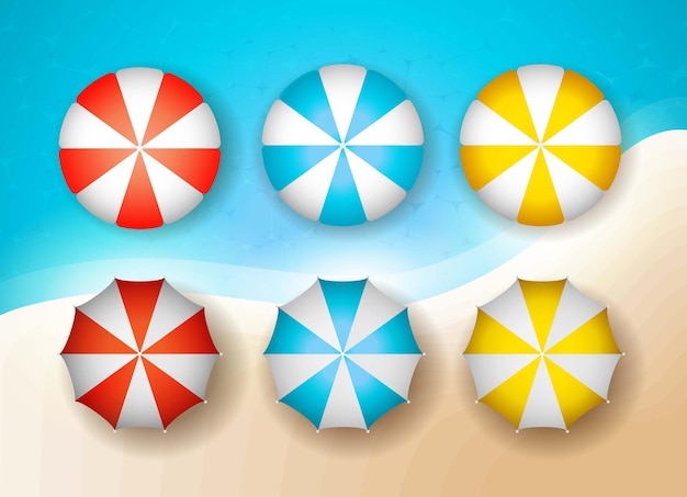 Conjunto de guarda-chuva realista na cor branca, azul, vermelho e amarelo com um design de logotipo de fundo sumer