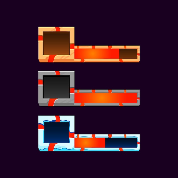 Conjunto de gui de madeira, pedra e barra de lava de gelo com moldura para elementos de recursos de interface do usuário do jogo