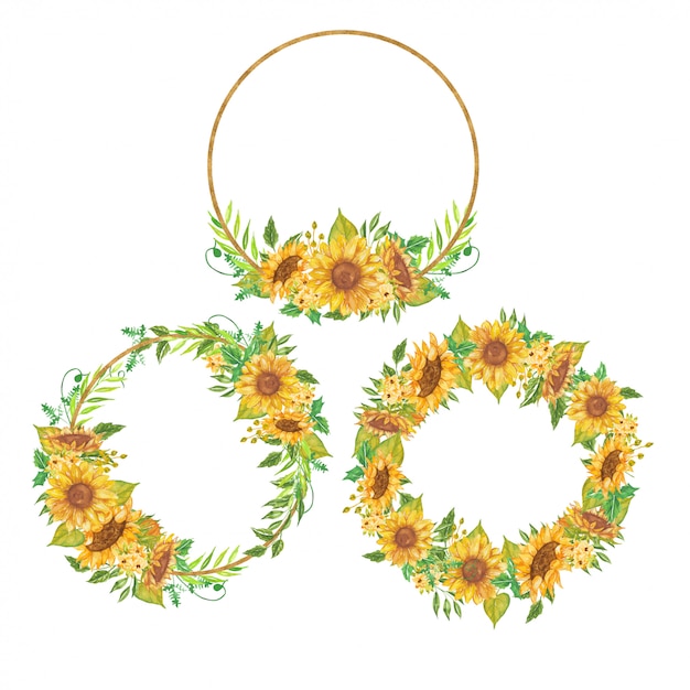 Conjunto de guirlanda floral aquarela girassol amarelo