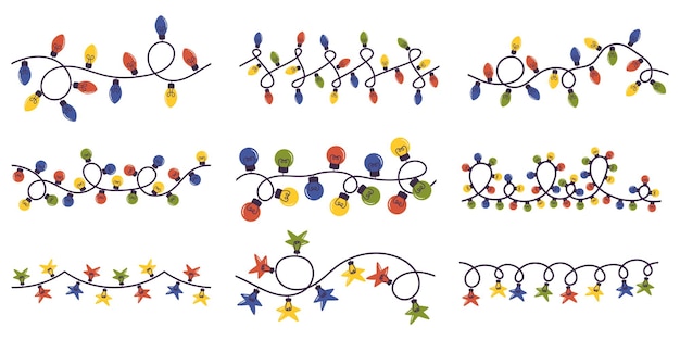 Conjunto de guirlandas de luz de Natal festivas com luzes coloridas e cintilantes drapeadas elegantemente criando um ambiente de férias quente e convidativo para decoração de casa bordas de ilustração vetorial de desenhos animados