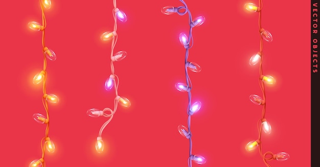 Conjunto de guirlandas decorativas de natal. decorações de ano novo. tiras de luz com lâmpadas. lâmpada led neon. elementos de design de natal. objetos festivos 3d realistas isolados. ilustração vetorial