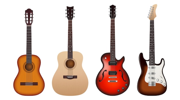 Conjunto de guitarras acústicas e elétricas realistas isoladas em fundo branco ícones de modelo de instrumentos de música de corda clássicos e modernos ilustração em vetor 3d