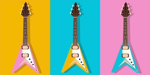 Conjunto de guitarras elétricas em um fundo colorido instrumento musical guitarra elétrica vector ilustr