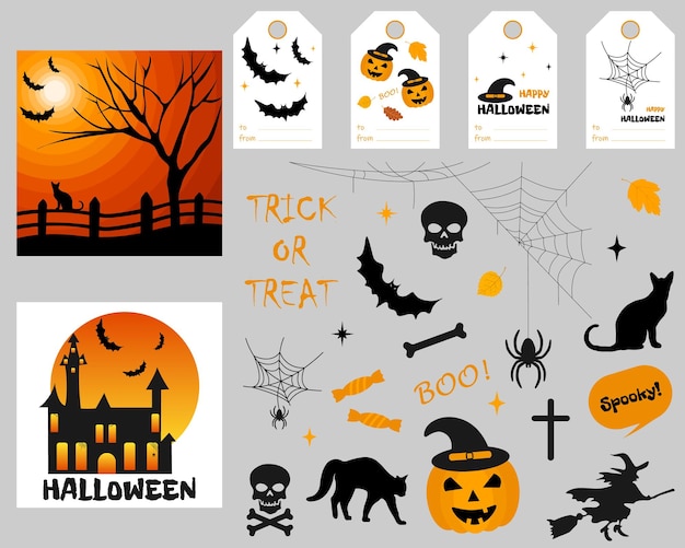 Conjunto de halloween. cartões de presente, tags, elementos de halloween. modelo para design de cartão, convites, adesivos.