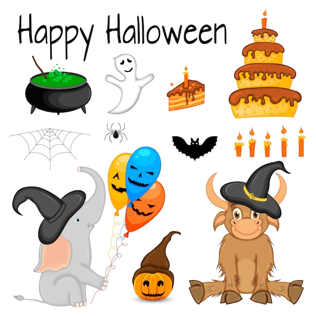 Conjunto de halloween com animais fofos e atributos tradicionais em fundo branco vetor de estilo de desenho animado