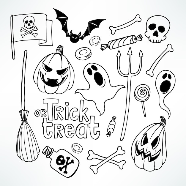 Conjunto de halloween. conjunto com símbolos de férias bonitos. ilustração desenhada à mão