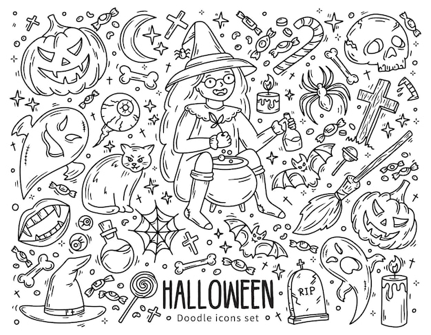 Conjunto de halloween de ícones do vetor em símbolos mágicos de horror de estilo doodle e sagacidade