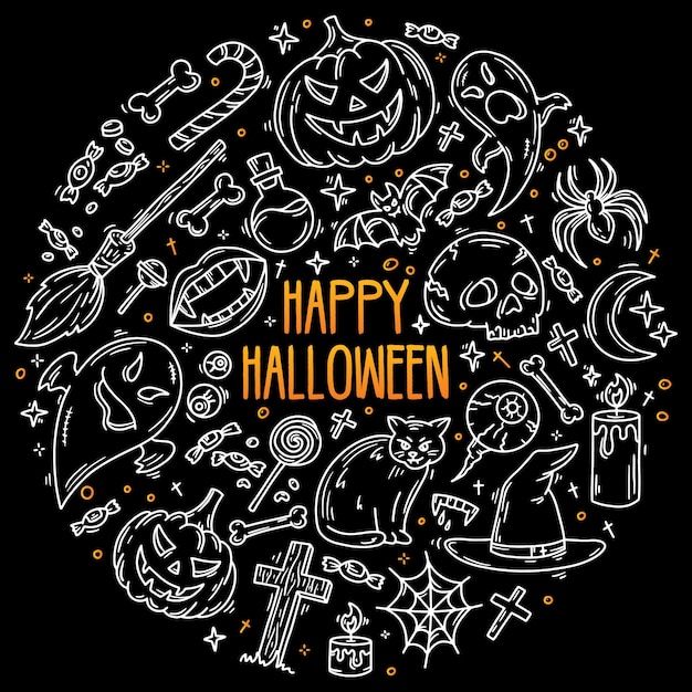 Vetor conjunto de halloween de ícones do vetor em símbolos mágicos de horror de estilo doodle em fundo preto