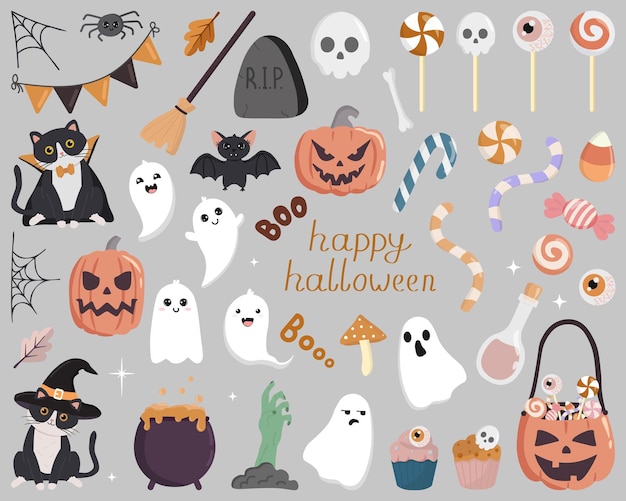 Conjunto de halloween isolado em fundo cinza perfeito para adesivos de decoração de férias coleção vetorial de elementos do tema de halloween