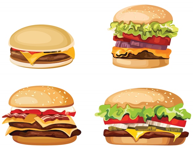 Conjunto de hambúrgueres isolados no fundo branco. Fast-food em estilo cartoon.