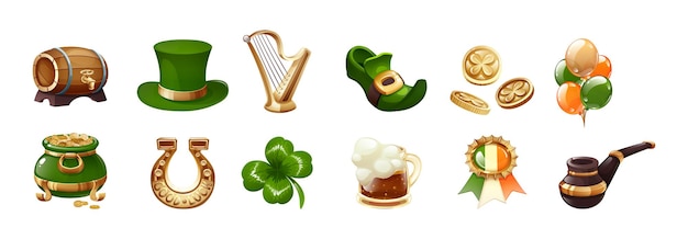 Conjunto de Happy St Patricks Elementos tradicionais do feriado irlandês chapéu verde cilindro trevo barril cerveja