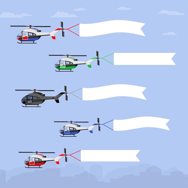 Vetor conjunto de helicópteros com imagem colorida de ilustração vetorial isolada de banner