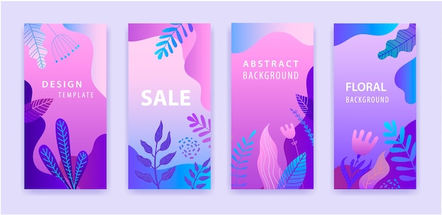 Conjunto de história abstrata do instagram para mídia social com fundo vibrante gradiente roxo floral, banner de venda