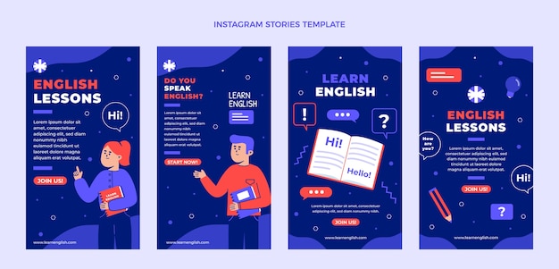 Conjunto de histórias do instagram de aulas de inglês de design plano